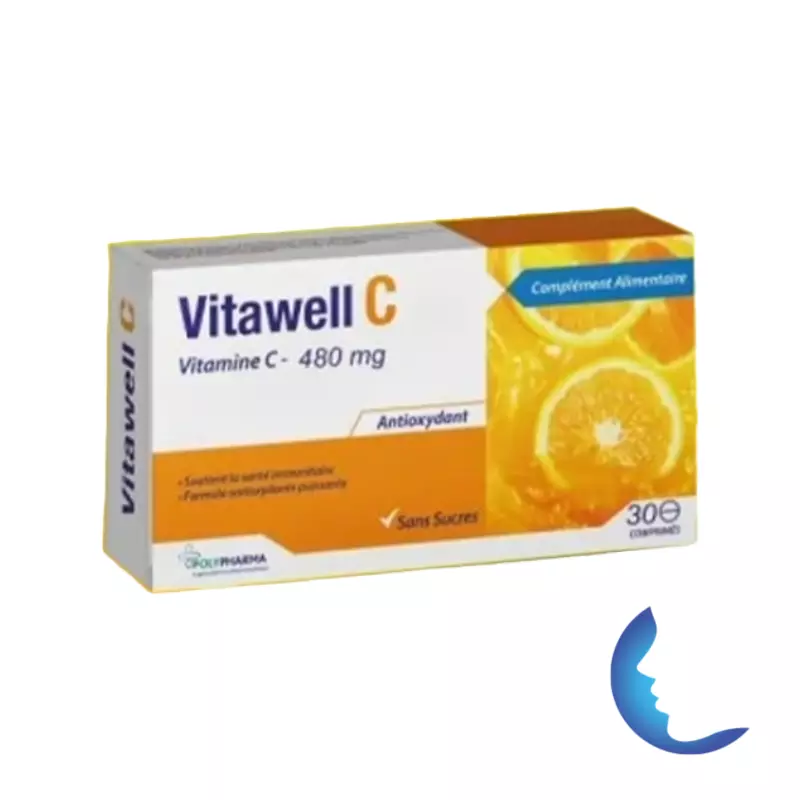 Vitawell Vitamine C-480mg Antioxydant Sans Sucre, 30 Comprimés