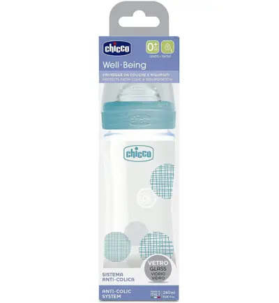 Chicco Well-being Biberon Verre Bleu - Debit Lent 0m+ - 240ml