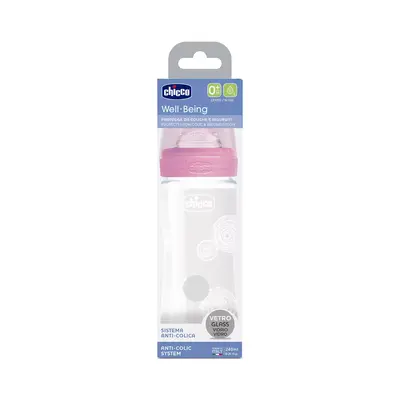 Chicco Well-being Biberon Verre Rose - Debit Lent 0m+ - 240ml