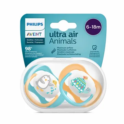 Philips Avent Ultra Air Lot 2 Sucettes Silicone Garcon 6-18 Mois - Motif Animaux