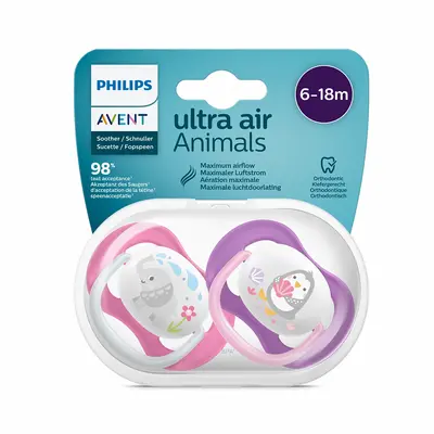 Philips Avent Ultra Air Lot 2 Sucettes Silicone Fille 6-18 Mois - Motif Animaux