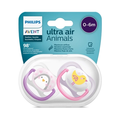 Philips Avent Ultra Air Animals Lot 2 Sucettes Fille 0-6mois - Pingouin Oiseau Scf080-06