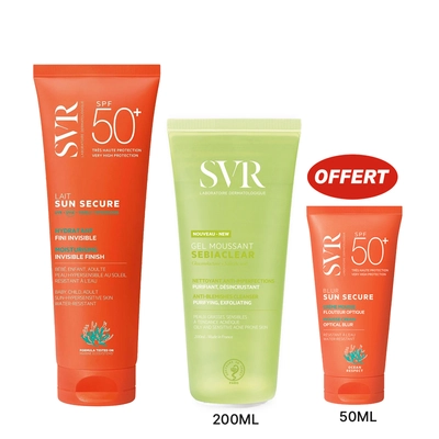 Svr Pack Promo Sun Secure Lait Solaire 250ml + Sebiaclear Gel Moussant 200ml + Sun Secure Blur Invisible Spf50+ 50ml Offert
