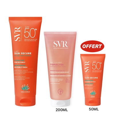 Svr Pack Promo Sun Secure Lait Solaire 250ml + Topialyse Gel Moussant 200ml + Sun Secure Blur Invisible Spf50+ 50ml Offert