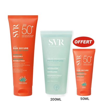 Svr Pack Promo Sun Secure Lait Solaire 250ml + Physiopure Gelee Moussante 200ml + Sun Secure Blur Invisible Spf50+ 50ml Offert