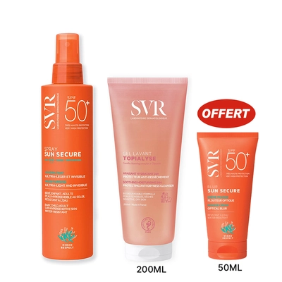 Svr Pack Promo Sun Secure Spray Solaire 200ml + Topialyse Gel Moussant 200ml + Sun Secure Blur Invisible Spf50+ 50ml Offert