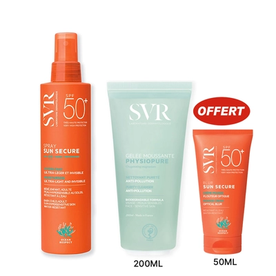 Svr Pack Promo Sun Secure Spray Solaire 200ml + Physiopure Gelee Moussante 200ml + Sun Secure Blur Invisible Spf50+ 50ml Offert