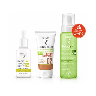 Roncey Pack Promo Serum Sebiaskin 30ml + Sunshield Ecran Solaire Peaux Grasses Teinte 02 + Mousse Nettoyante Sebiaskin Offerte