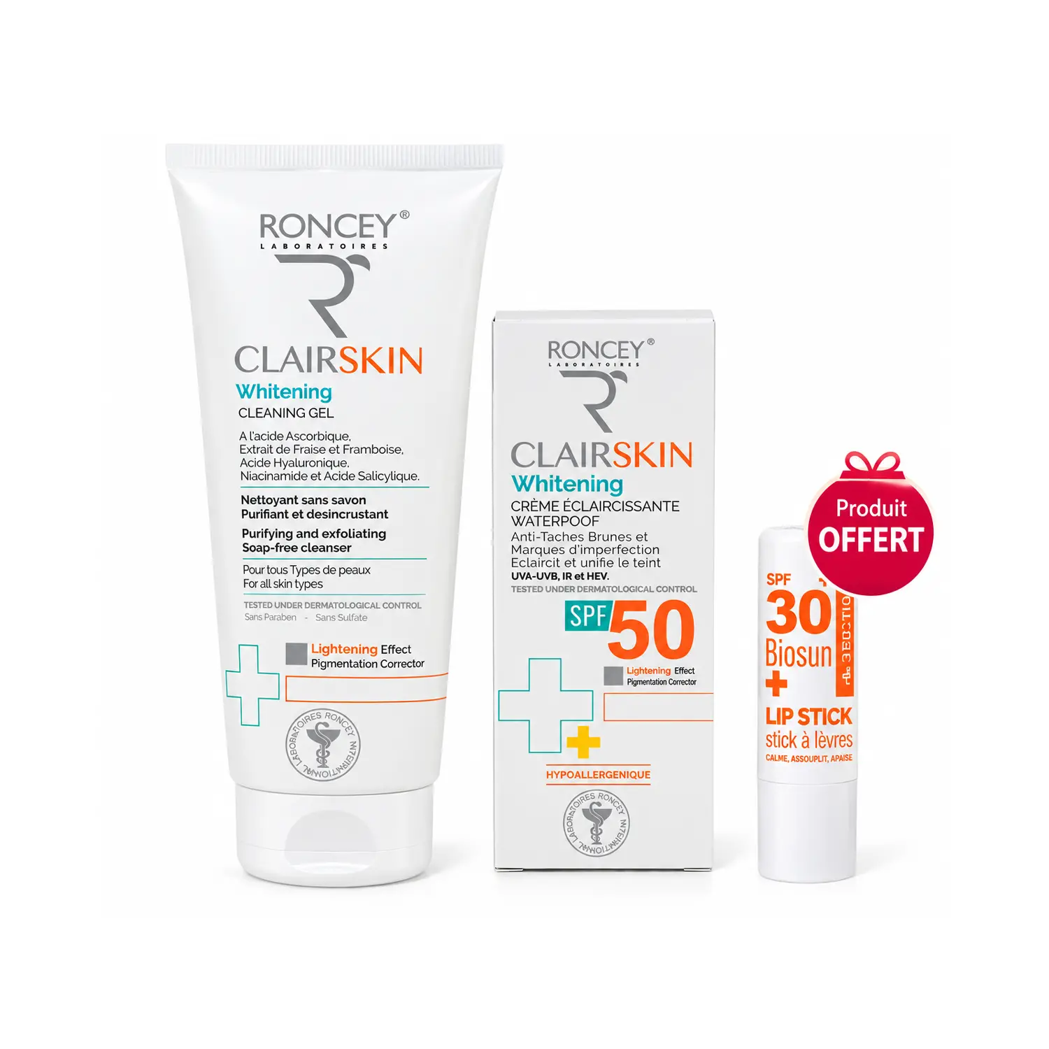 Roncey Pack Promo Clairskin Gel Nettoyant + Creme Spf50 + Baume à Levres Offert