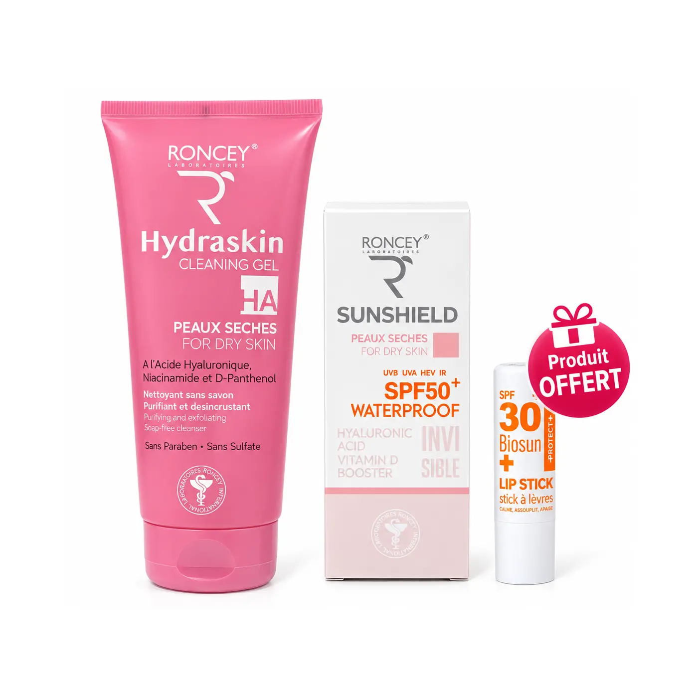 Roncey Pack Promo Hydraskin Gel Nettoyant 200ml + Ecran Invisible Peaux Seches Spf50 + Baume à Levres Offert