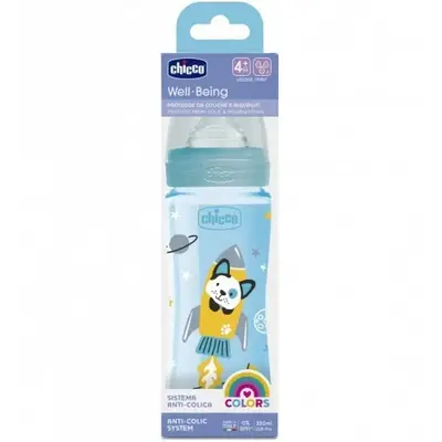 Chicco Well-being Biberon Plastique (polypropylene) Bleu - Debit Rapide 4m+ - 330ml