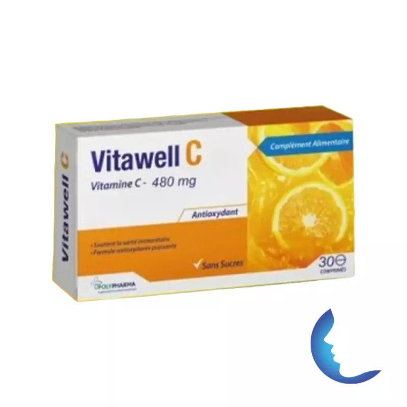 VitaWell Vitamine C-480mg Antioxydant Sans Sucre, 30 Comprimés