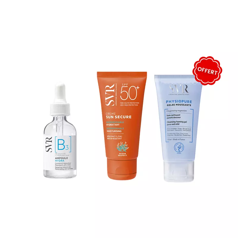 SVR PACK PROMO AMPOULE B3 + SUN SECURE CREME SPF50+ 50ML + GELEE MOUSSANTE PHYSIOPURE 55ML OFFERTE