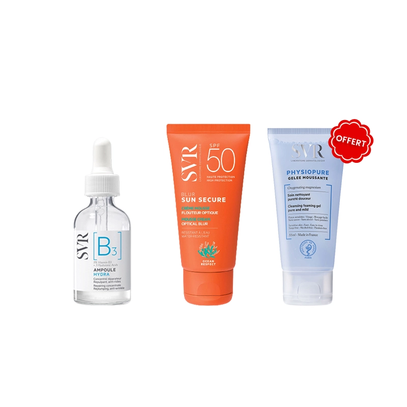 SVR PACK PROMO AMPOULE B3 + SUN SECURE BLUR SPF50+ 50ML + GELEE MOUSSANTE PHYSIOPURE 55ML OFFERTE