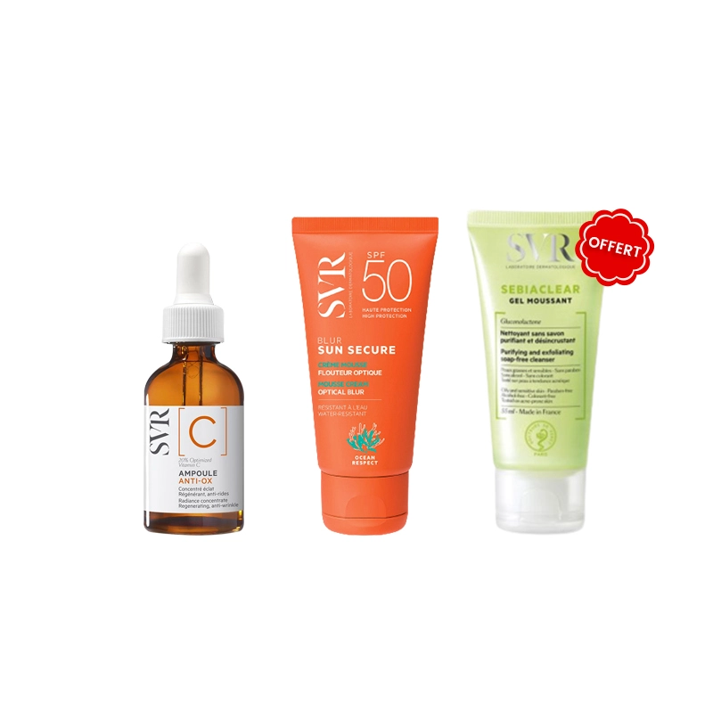 SVR PACK PROMO AMPOULE ANTI-OX VITAMINE C + SUN SECURE BLUR SPF50+ 50ML + SEBIACLEAR GEL MOUSSANT 55ML OFFERT