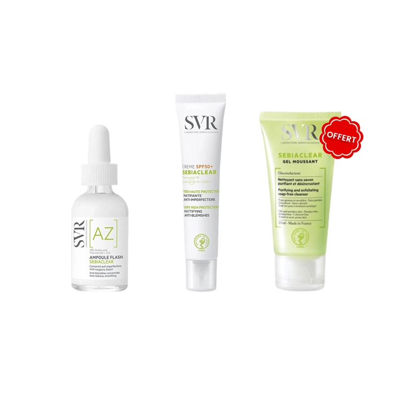 SVR PACK PROMO AMPOULE AZ SEBIACLEAR FLASH + SEBIACLEAR CREME MATIFIANTE ANTI-IMPERFECTIONS SPF50+ 40ML + SEBIACLEAR GEL MOUSSANT 55ML OFFERT