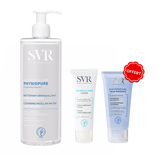 SVR PACK PROMOTIONNEL PHYSIOPURE EAU MICELLAIRE 400ML + HYDRALIANE LEGERE 40ML + PHYSIOPURE GELEE MOUSSANTE 55ML OFFERTE