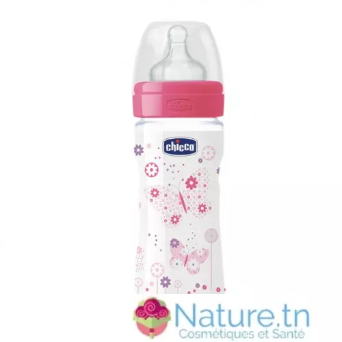 Chicco Biberon Well-Being- 240ml – Tétine silicone – Rose – 2M+